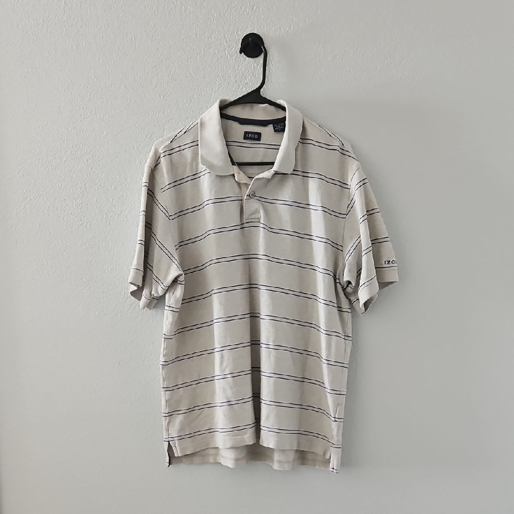 IZOD Men's Short Sleeve Stripped Polo Shirt 1/4 Button Up XL Tan Black White